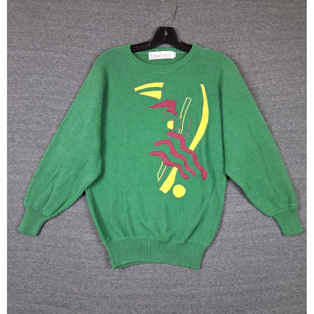 VTG Linea Donna Womens Sweater M Green Abstract 100% Cotton Dolman Retro Art 80s